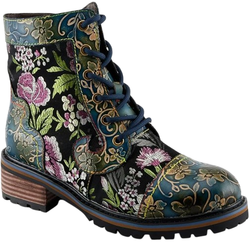 Floral Hand Painted Womens Ankle Boots Low Heel